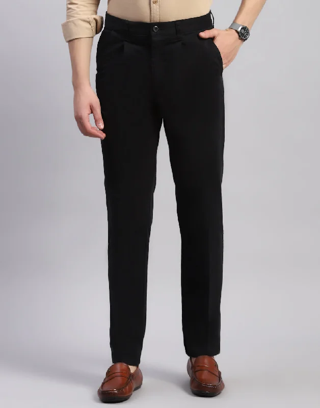 Men Black Solid Regular Fit Trouser