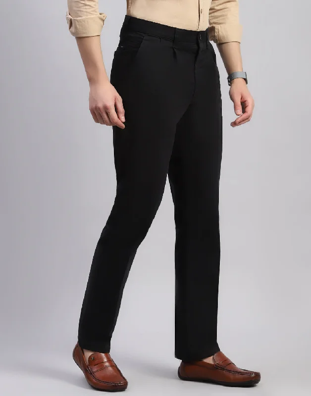 Men Black Solid Regular Fit Trouser