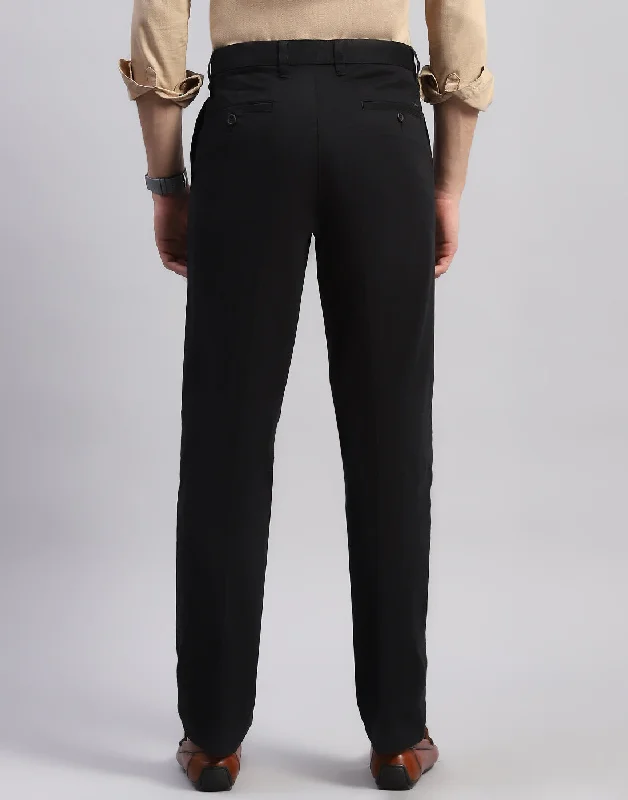 Men Black Solid Regular Fit Trouser