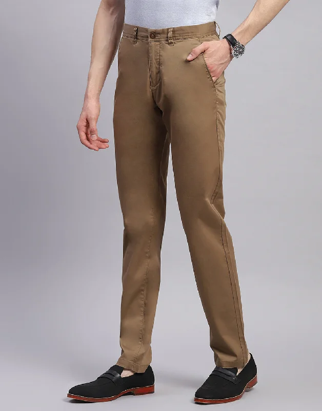 Men Brown Solid Regular Fit Trouser