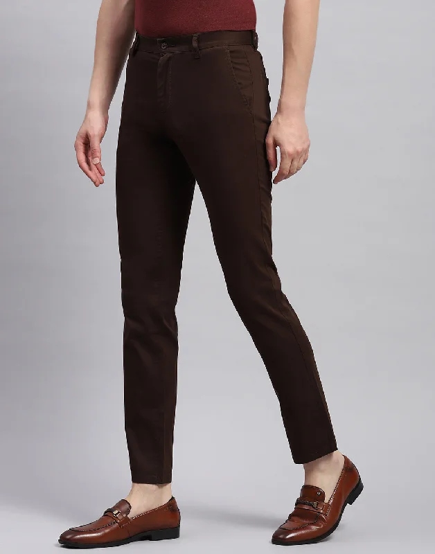 Men Brown Solid Regular Fit Trouser