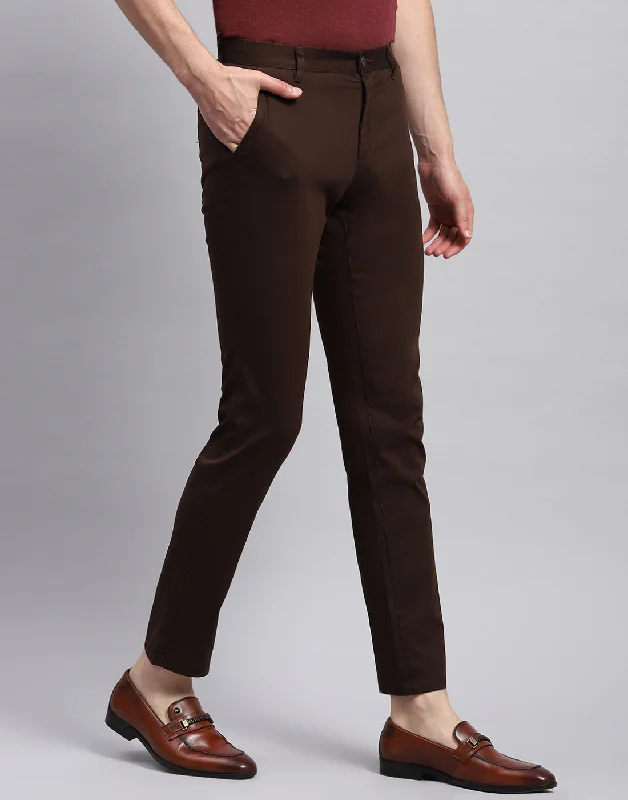 Men Brown Solid Regular Fit Trouser