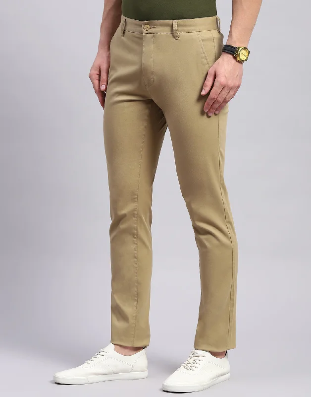 Men Khaki Solid Regular Fit Trouser