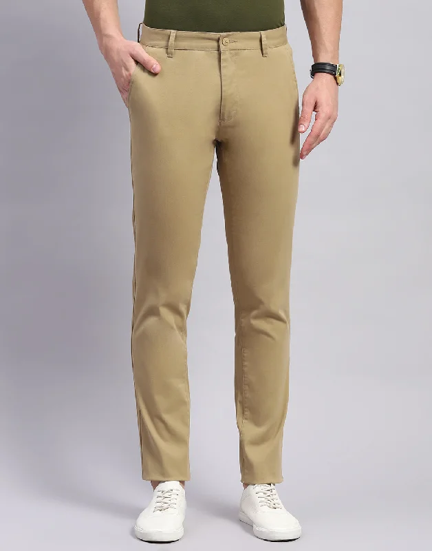 Men Khaki Solid Regular Fit Trouser