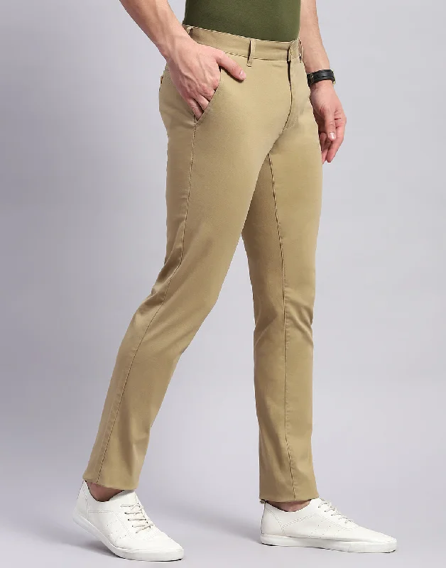 Men Khaki Solid Regular Fit Trouser