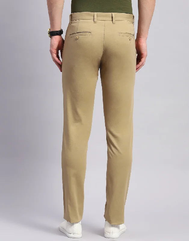 Men Khaki Solid Regular Fit Trouser