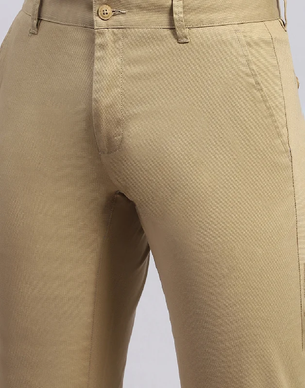 Men Khaki Solid Regular Fit Trouser