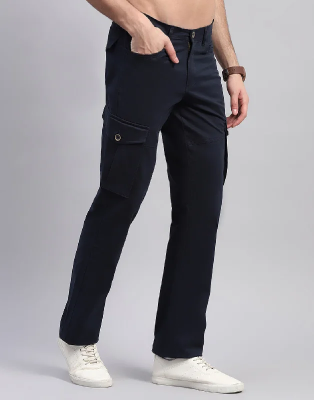 Men Navy Blue Solid Regular Fit Cargo