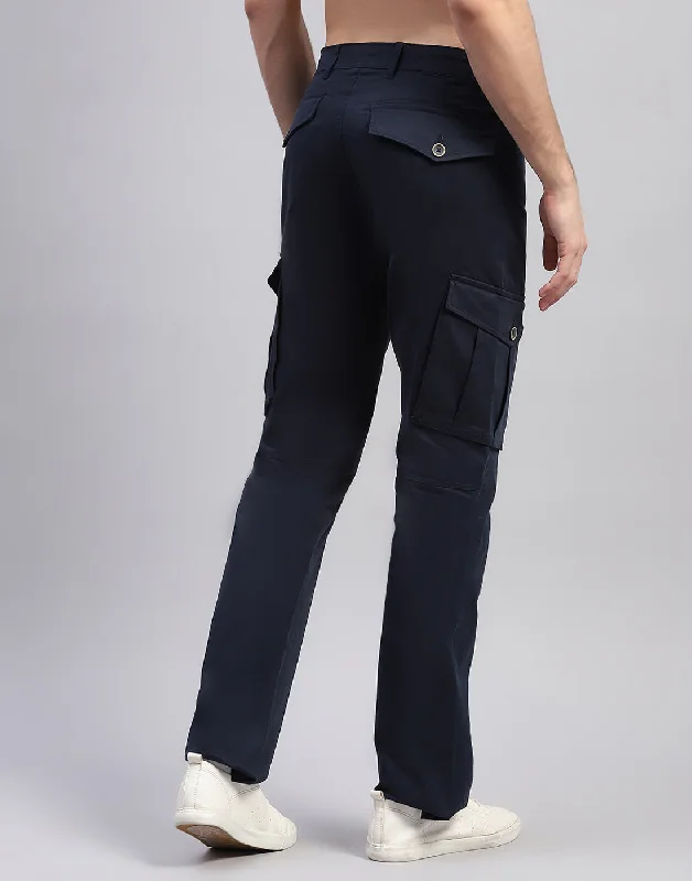 Men Navy Blue Solid Regular Fit Cargo