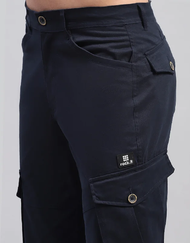 Men Navy Blue Solid Regular Fit Cargo