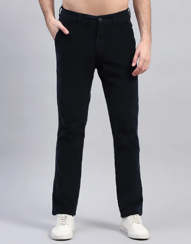 Men Navy Blue Solid Regular Fit Trouser