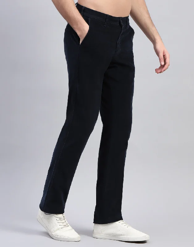 Men Navy Blue Solid Regular Fit Trouser