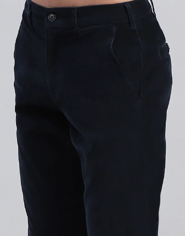 Men Navy Blue Solid Regular Fit Trouser