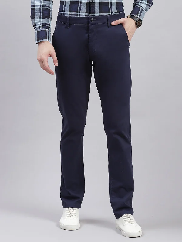 Men Navy Blue Solid Regular Fit Trousers