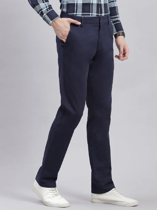 Men Navy Blue Solid Regular Fit Trousers