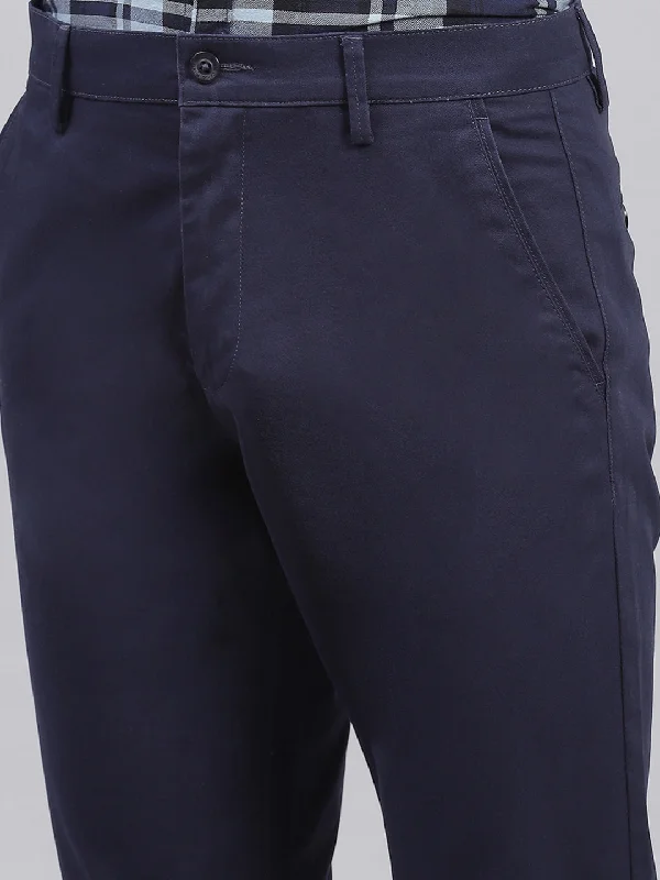 Men Navy Blue Solid Regular Fit Trousers