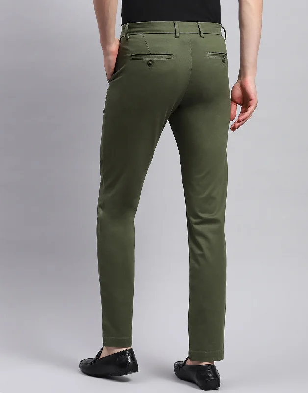 Men Olive Solid Regular Fit Trouser