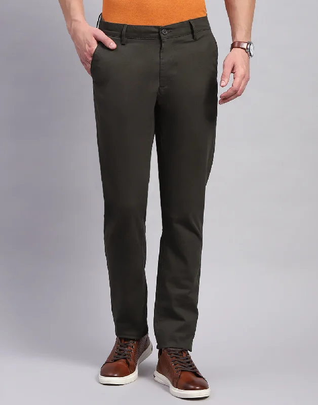 Men Olive Solid Regular Fit Trouser