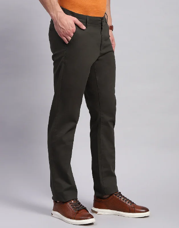 Men Olive Solid Regular Fit Trouser