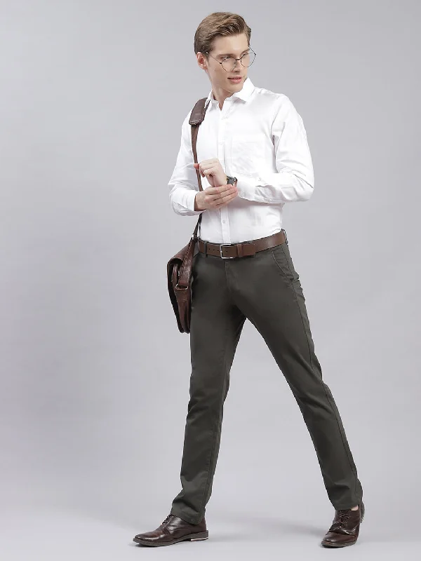 Men Olive Solid Regular Fit Trousers