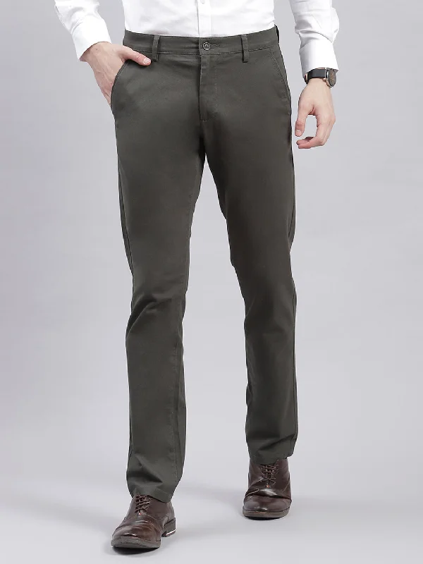 Men Olive Solid Regular Fit Trousers