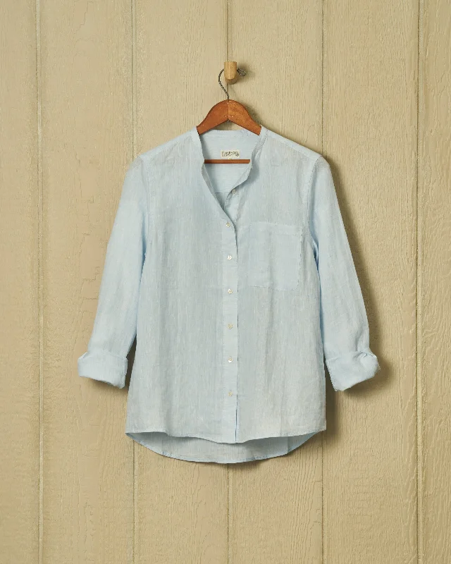 Women's Band Collar Shirt in Powder Blue Linen