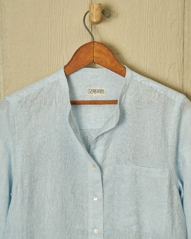 Women's Band Collar Shirt in Powder Blue Linen