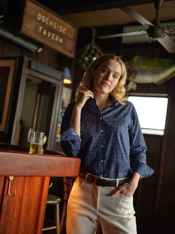 Women's Sea-Washed Round Collar Blouse in Navy Paisley