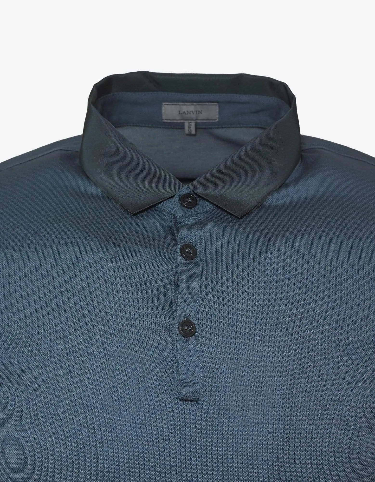 Lanvin Metallic Blue Polo T-Shirt with Grosgrain Collar