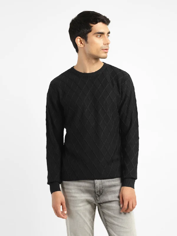 Men's Self Design Black Crew Neck Sweater