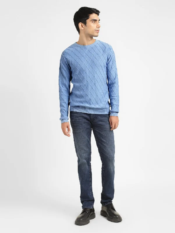 Men's Self Design Blue Crew Neck Sweater